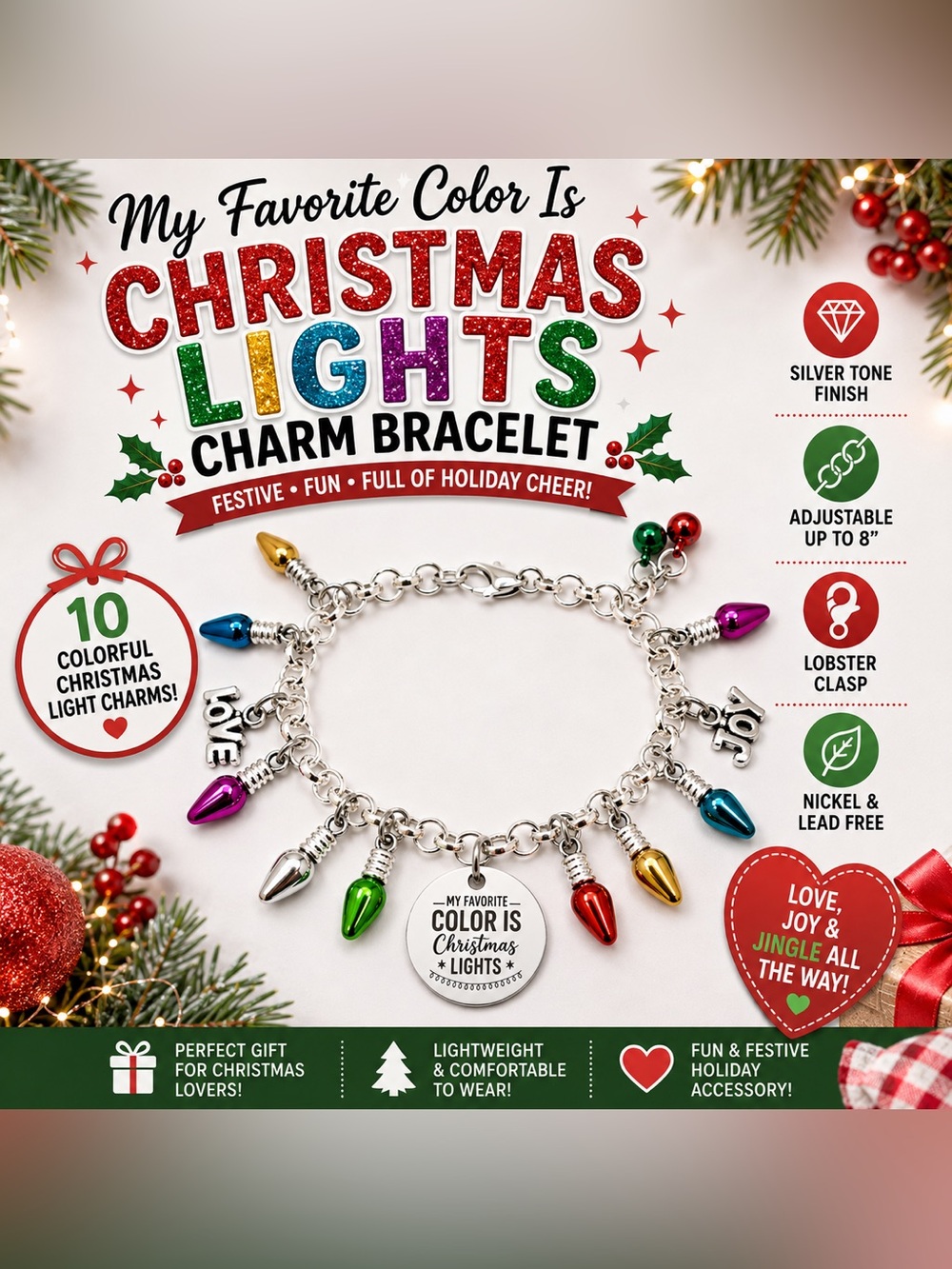 Christmas Lights Charm Bracelet, My Favorite Color Is Christmas Lights, Holiday